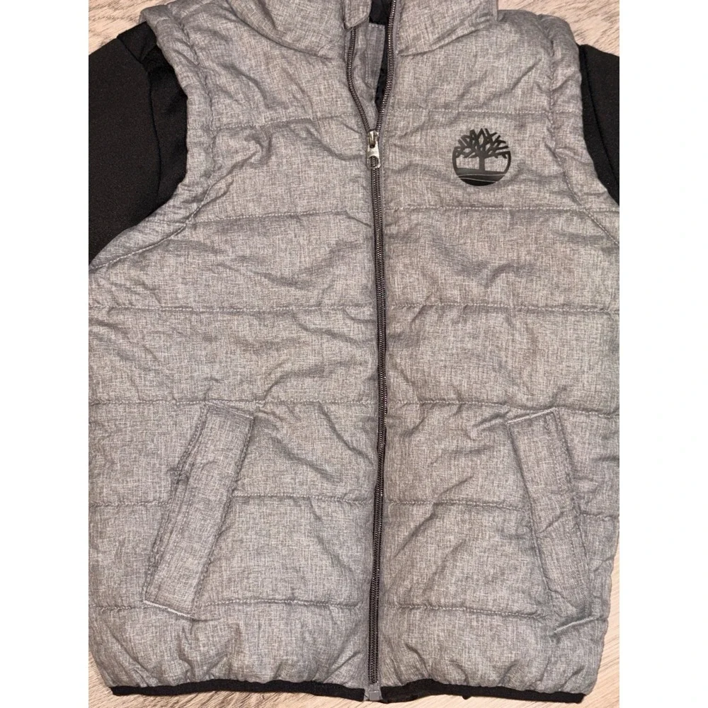 Timberland Kids Grey Puffer Jacket Black Hooded Hybrid Zip Up Coat Size M 10/12